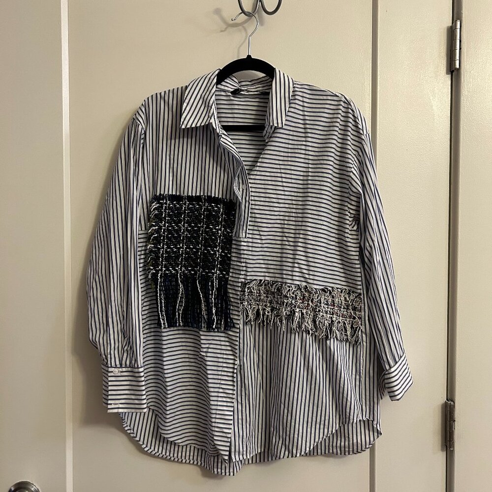Zara Blue and White Striped Button Down with Tweed Details